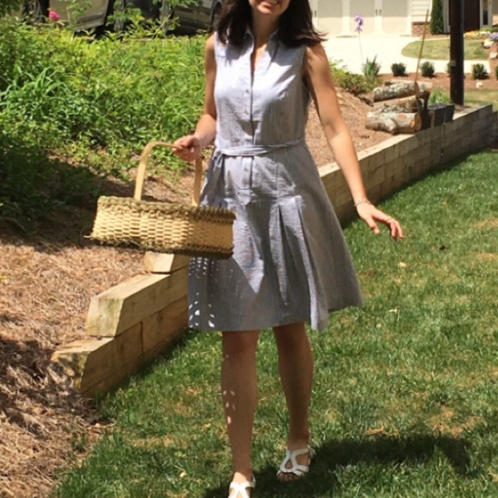 Seersucker blue and white collared dress